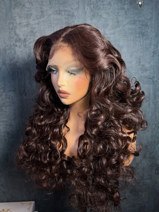 Lenisha 13x7 free part lace front wig in Cocoa Brunette, 24 inch loose curls, side-swept parting