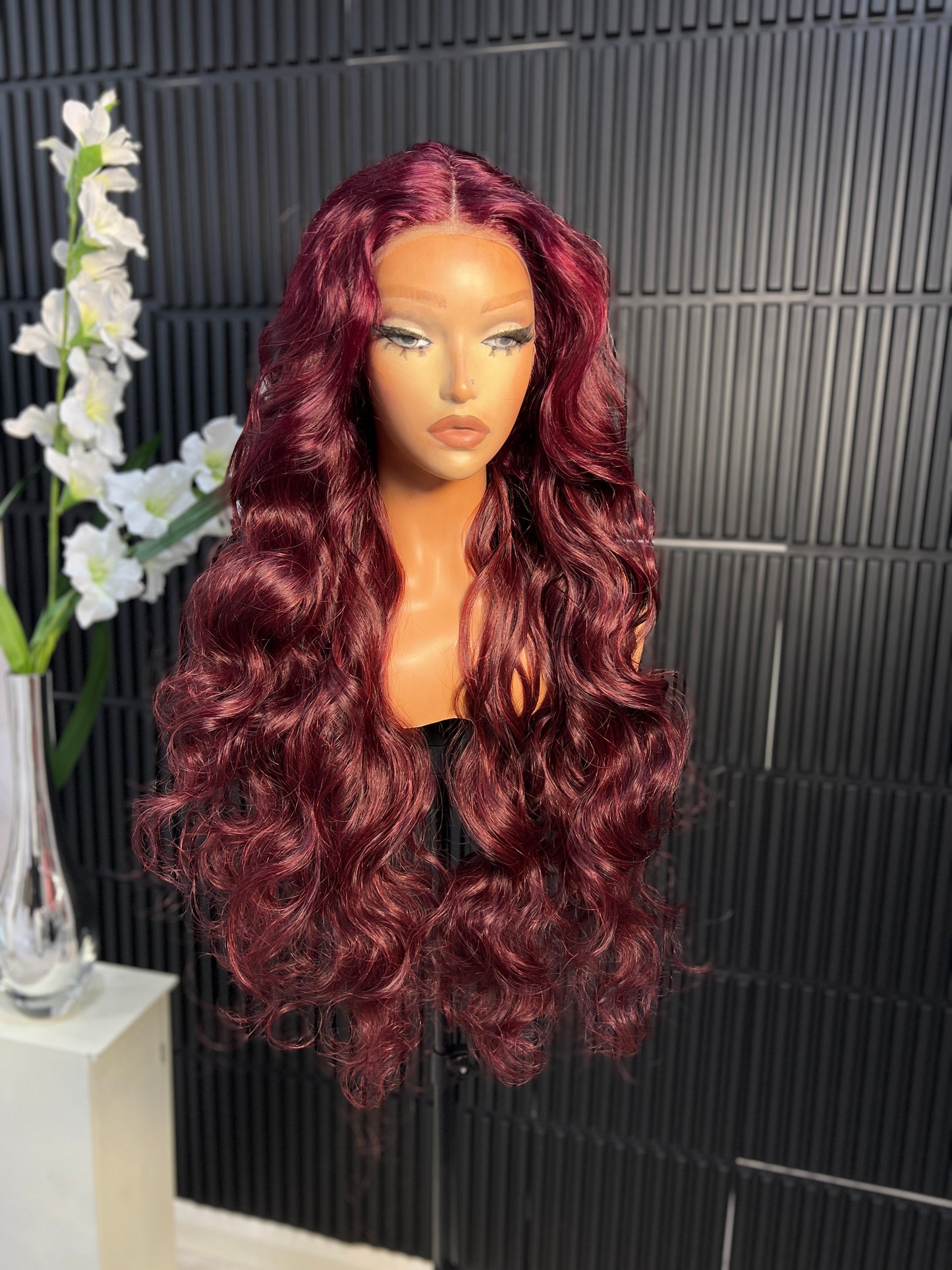 Ariel T-part Lace Wig 28-inch Soft Body Wave Texture Natural Middle Part Human & Japanese Fibre Blend Burgundy Synthetic Melted
