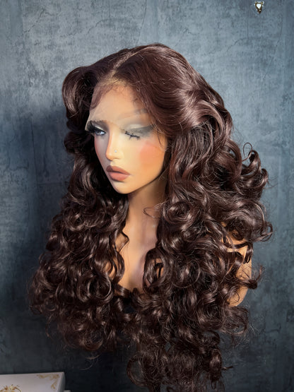 Lenisha 13x7 free part lace front wig in Cocoa Brunette, 24 inch loose curls, side-swept parting
