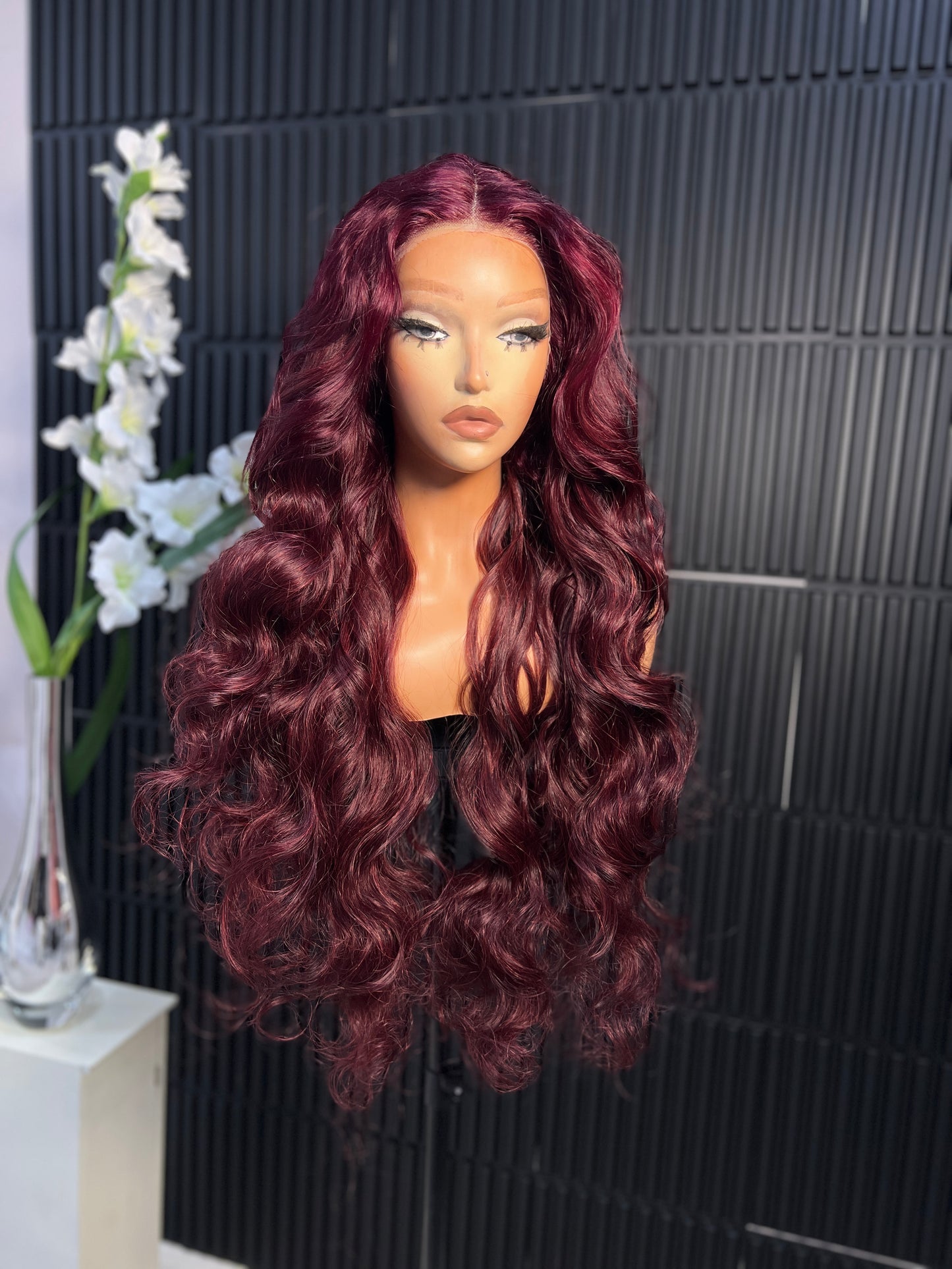 Ariel T-part Lace Wig 28-inch Soft Body Wave Texture Natural Middle Part Human & Japanese Fibre Blend Burgundy Synthetic Melted